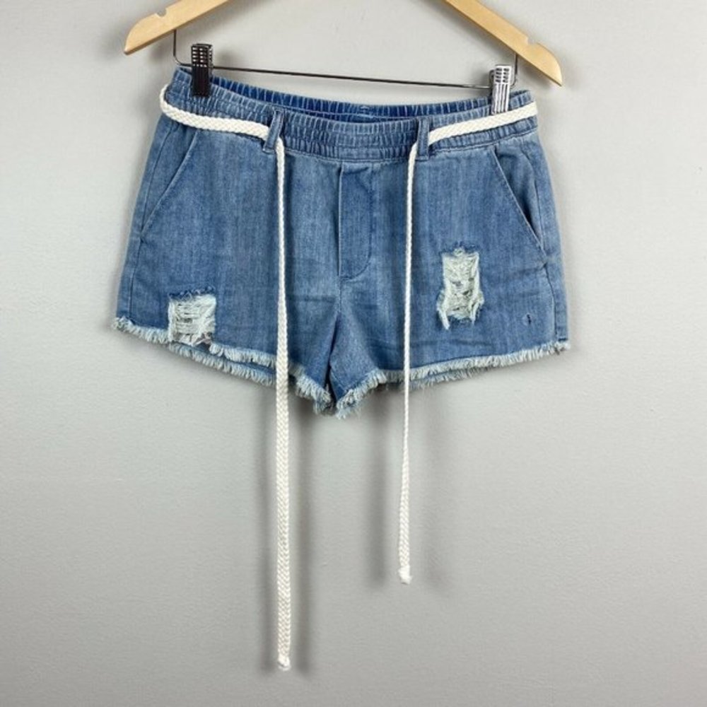 Aerie Denim Shorts S Blue Jean Belted Cut Off Fray‎ Hem Distressed New